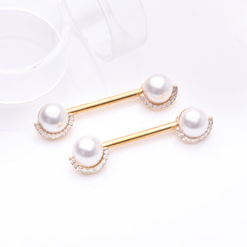 Detail View 1 of A Pair of Golden Pearlescent Sparkle Crescent Rim Nipple Barbell-Clear Gem